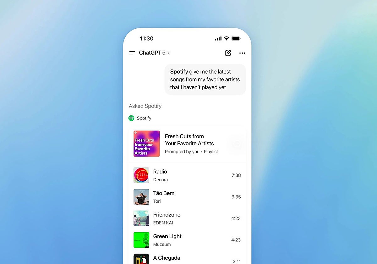 Captura que muestra cómo el usuario le pregunta a Spotify, a través de ChatGPT, por las canciones recientes de sus artista favoritos que aún no ha escuchado