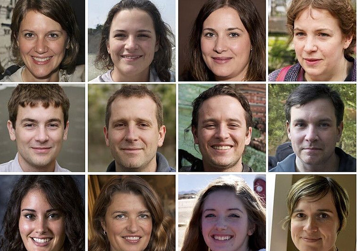 Algunas de las imágenes de caras utilizadas durante el entrenamiento. Las de las dos filas superiores son falsas, la de la inferior son de personas reales