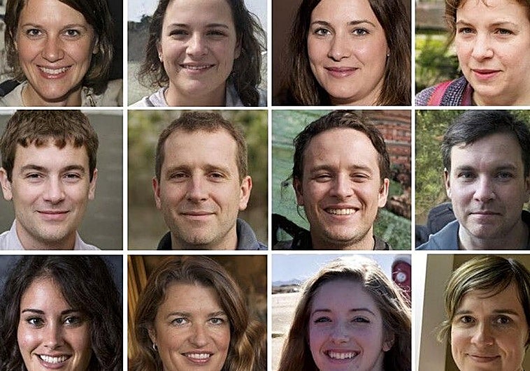 Algunas de las imágenes de caras utilizadas durante el entrenamiento. Las de las dos filas superiores son falsas, la de la inferior son de personas reales