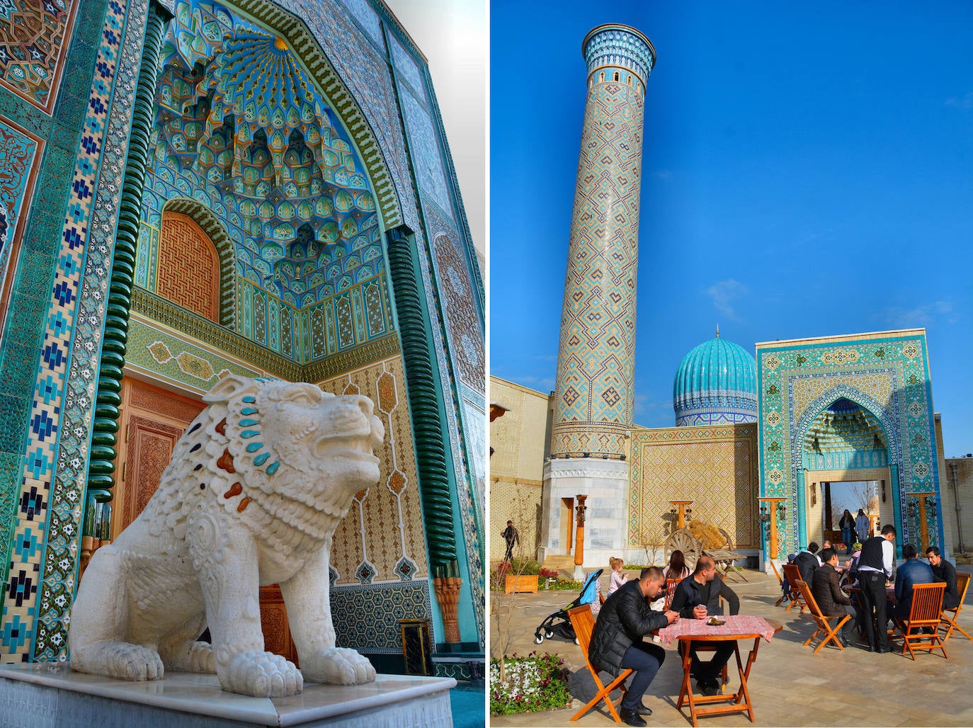 La Ciudad Eterna no es Disneylandia. Puestos a buscarle similitudes podríamos decir que se parece más al Pueblo Español de Barcelona, por ejemplo. Bokiy Shahar es una ciudad viva diseñada por el artista uzbeco Bobur Ismailov, en la que se han recreado monumentos, mezquitas, madrasas, tiendas, restaurantes... de todo Uzbekistán, principalmente de Samarcanda. Edificios cubiertos de azulejos con cúpulas turquesas, el color nacional. En la foto, quimera protectora de la entrada del restaurante Buyuk y Plaza de la Casa de Té