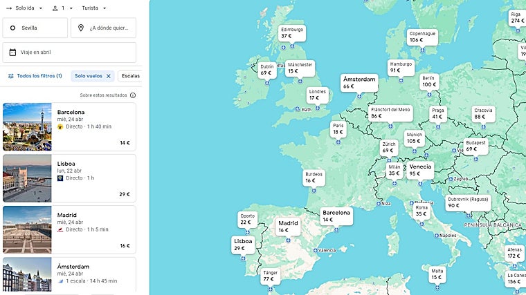 Búsqueda de vuelos desde Sevilla en Google Vuelos para el mes de abril
