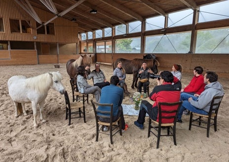 Imagen secundaria 1 - Christoph ordeña a sus vacas dos veces al día, y con la leche (más de cuatrocientos litros) elabora a media mañana dos enormes quesos. En la foto superior, el lago Constanza en Bregenz. Sobre estas líneas, la terapia con caballos en el monasterio benedictino de Propstei St. Gerold