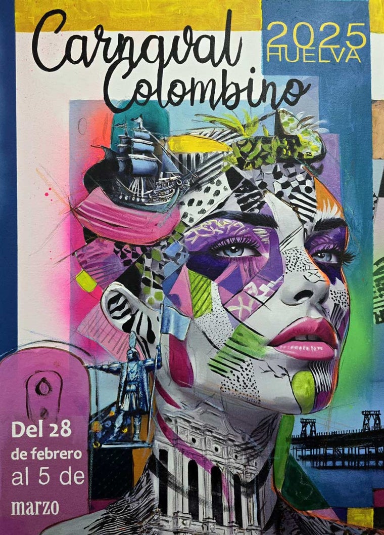 La obra &#039;Vanguardista, Creativa Carnavalera&#039; de Chema Riquelme, imagen del cartel del Carnaval Colombino 2025