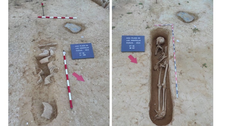 Procesos de limpieza, excavación y documentación gráfica del enterramiento Tumba 35. Pizarra de mediano tamaño en sus inmediaciones como posible evidencia de hito señalizador o túmulo del enterramiento.