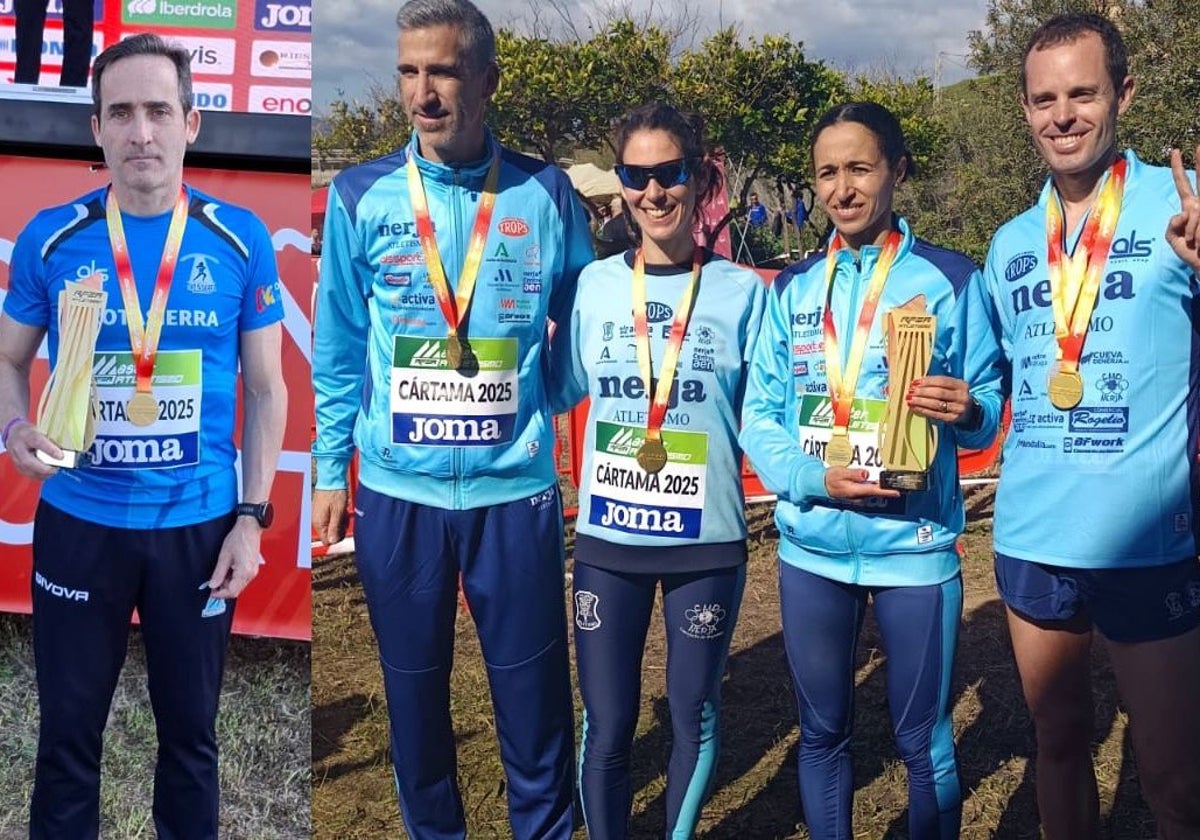 José Luis Ferrer (izquierda) y Sandra Schenkel (tercera por la derecha), con sus medallas de oro