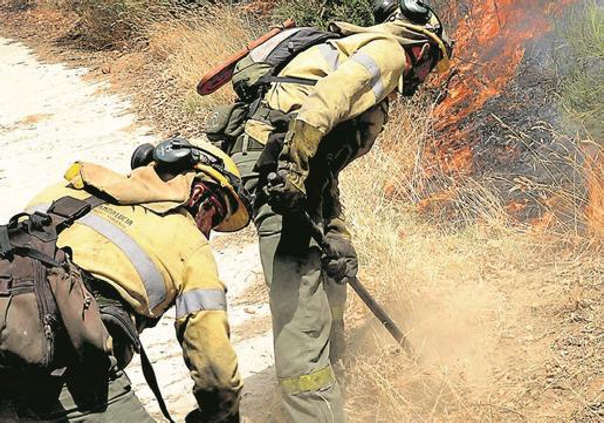 Vigilantes del Infoca sofocando un fuego