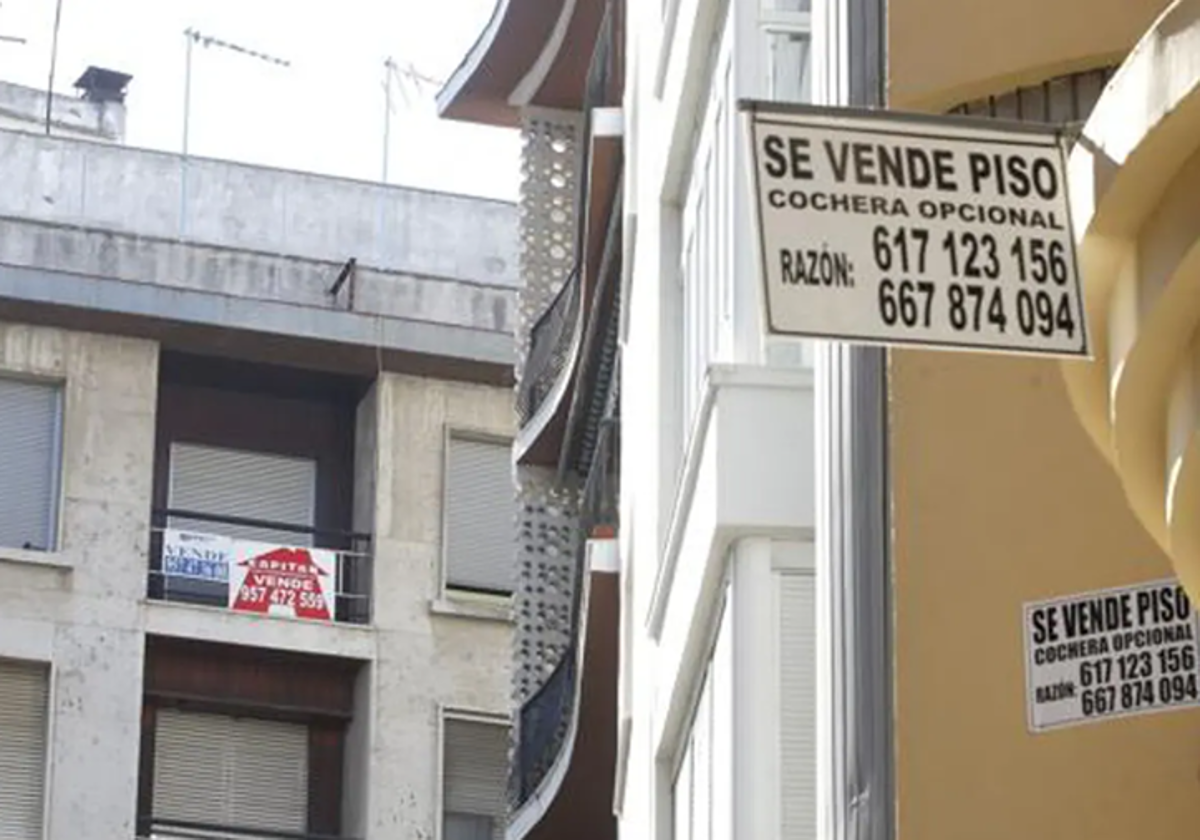 Imagen de varios carteles anunciando pisos en venta