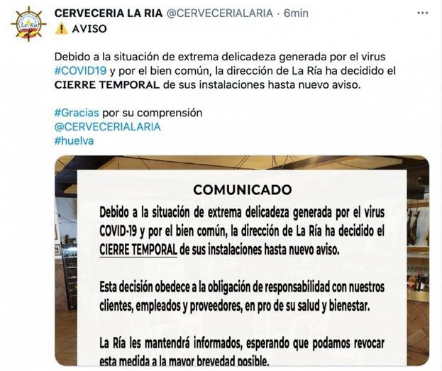 La Cervecería La Ría cierra hasta nuevo aviso por la situación 'extremadamente delicada' generada por el Covid-19