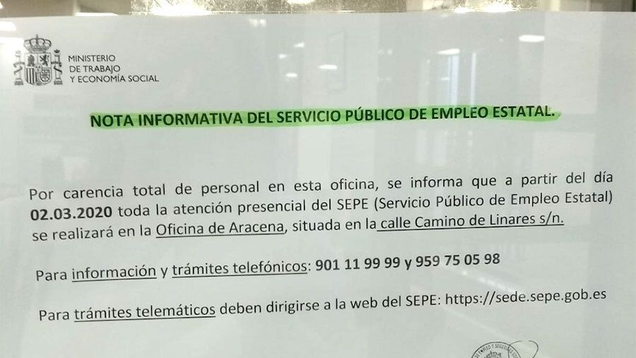 CSIF asegura que la Administración pudo evitar el cierre de la oficina de empleo de Cortegana con más personal