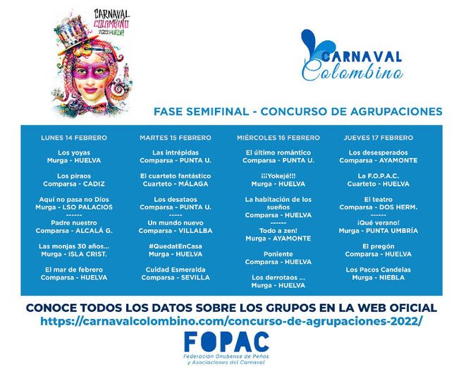 El Carnaval Colombino llega a semifinales con 24 agrupaciones de cuatro provincias andaluzas