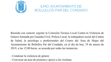 El Ayuntamiento de Bollullos convoca, una semana después de la agresión a una vecina, una concentración contra la violencia de género
