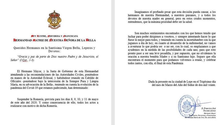 El coronavirus también suspende la romería de la Bella en Lepe del 8 al 11 de mayo