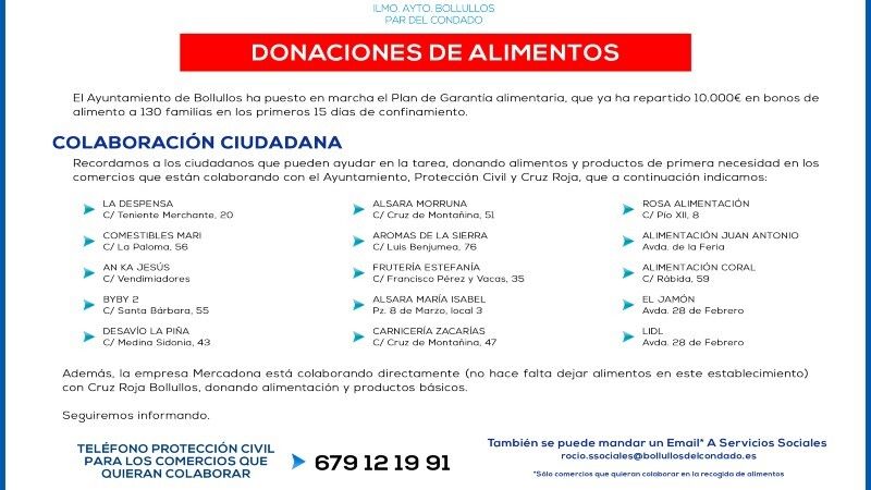 Bollullos solicita a los ciudadanos que donen alimentos para los más necesitados