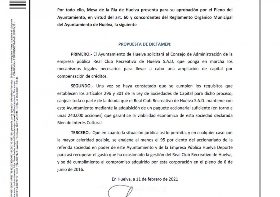 Mesa de la Ría ya presentó hace dos años una propuesta para convertir la deuda del Recre con el Ayuntamiento en acciones