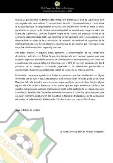 El Atlético Tartessos critica al Recre por 'desestabilizar a los clubes de la provincia'