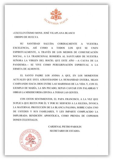 El papa envía un mensaje a los rocieros en el día de Pentecostés
