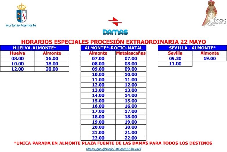 Estos son los horarios especiales de autobuses para la función, traslado y romería de la Virgen del Rocío