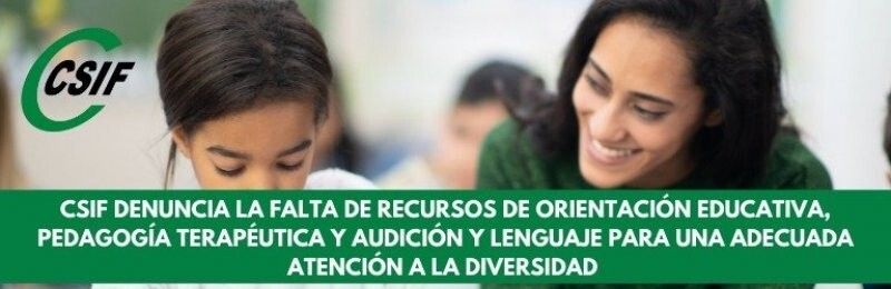 CSIF denuncia la falta de recursos de Orientación Educativa, Pedagogía Terapéutica y Audición y Lenguaje para una adecuada atención a la diversidad