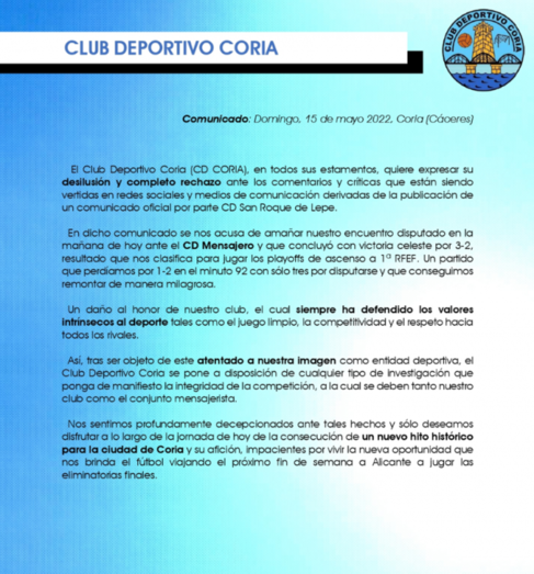 El CD Coria rechaza las insinuaciones de amaño tras su 'milagrosa' victoria