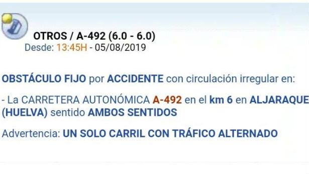 Retenciones en la carretera que va de la A-49 hasta Aljaraque debido a un accidente