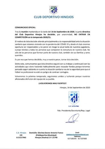 El CD Hinojos renuncia a competir esta temporada debido al Covid-19