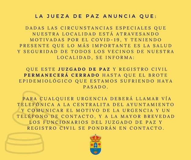 Villalba del Alcor cierra el Registro Civil y el Juzgado de Paz 'hasta que el brote haya pasado'