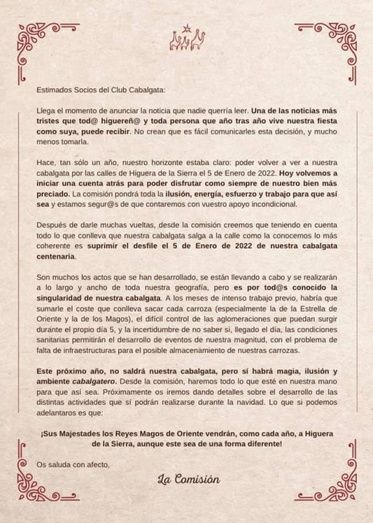 Higuera de la Sierra anuncia la suspensión de su Cabalgata de Reyes Magos