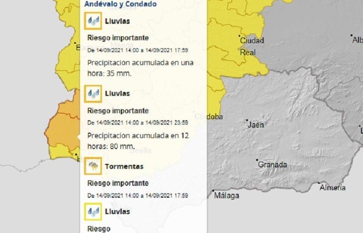 Se eleva a naranja la alerta por lluvias y tormentas en la Sierra, el Andévalo y el Condado