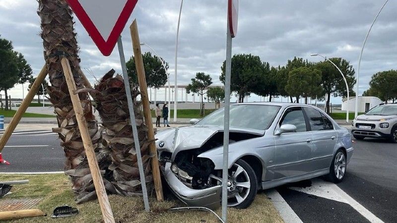 Susto en la Avenida Francisco Montenegro con un vehículo que se ha estrellado con una palmera al tomar mal la rotonda