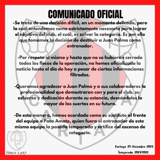 El Cartaya oficializa el despido de Juan Palma y el regreso de Paco Amate