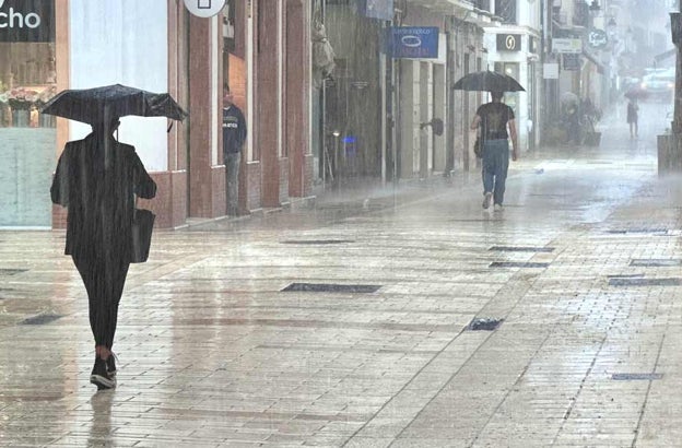 Paraguas en la calle Pérez Carasa del centro de la capital