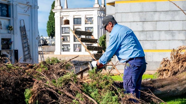 Un operario trabaja en las labores de saneamiento del Cementerio de la Soledad