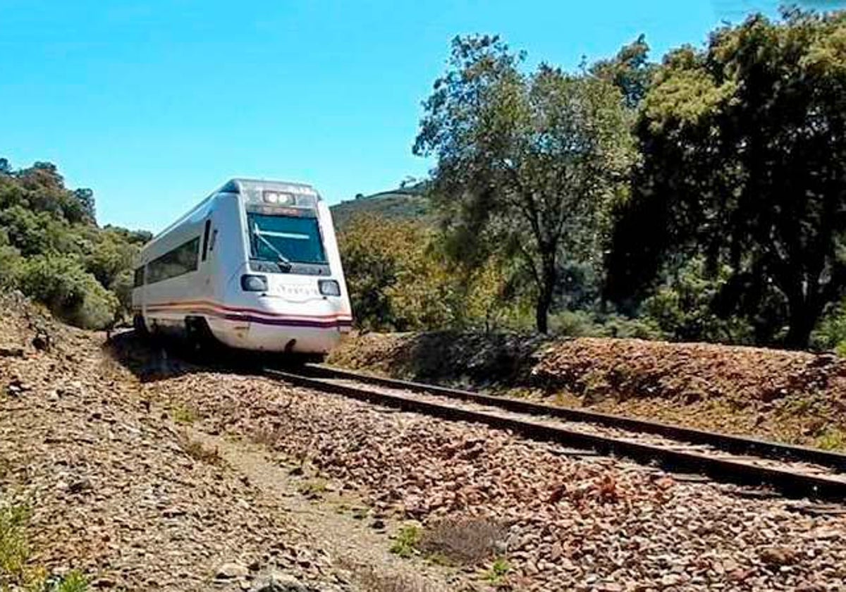 Un tren circula por la línea Huelva-Zafra