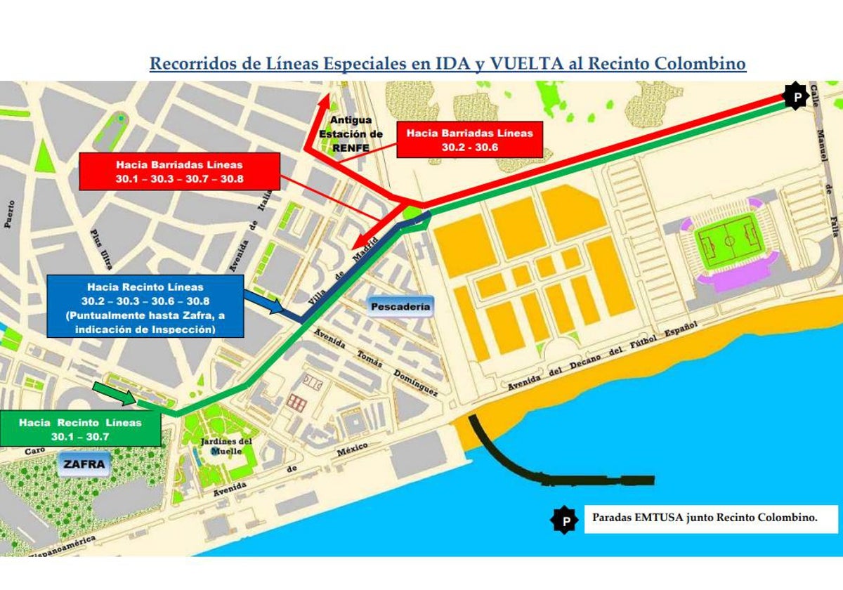 Recorridos de las líneas especiales de autobús de Colombinas