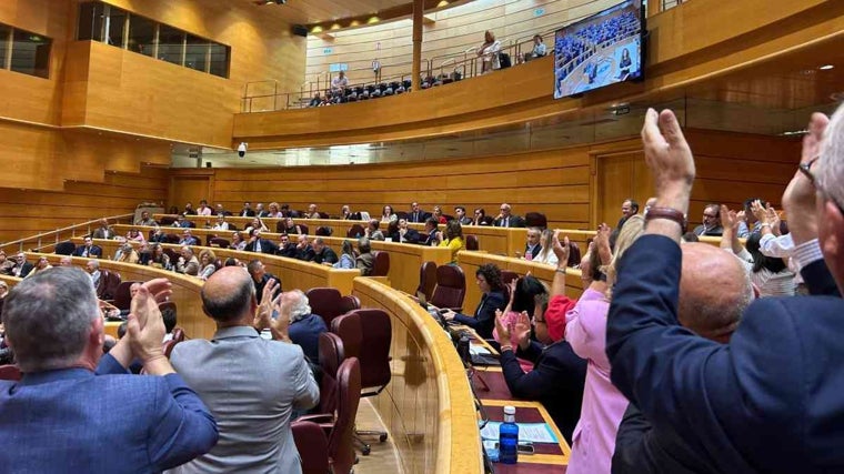 Los 'populares' aplauden a su compañera de partido, presente en la tribuna de invitados