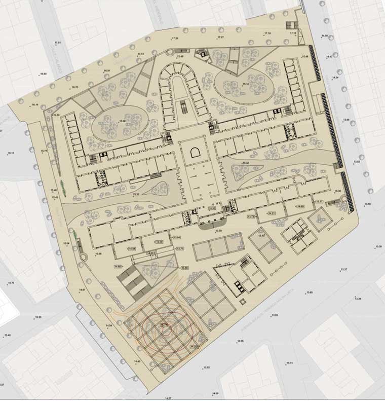 Plano de proyecto, con los nuevos espacios integrados junto a los edificios originales