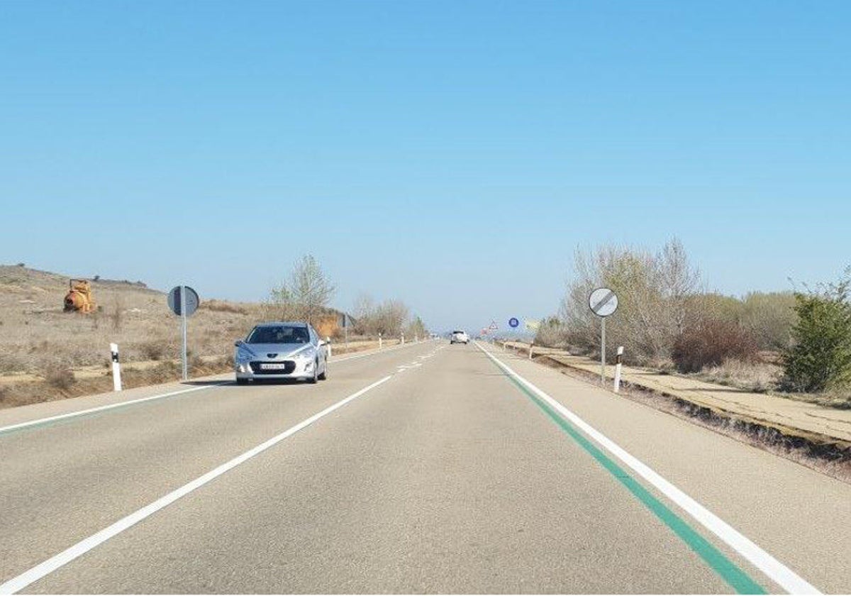 Línea verde en la carretera, en la CL-613, en el tramo que va de Palencia a Guardo