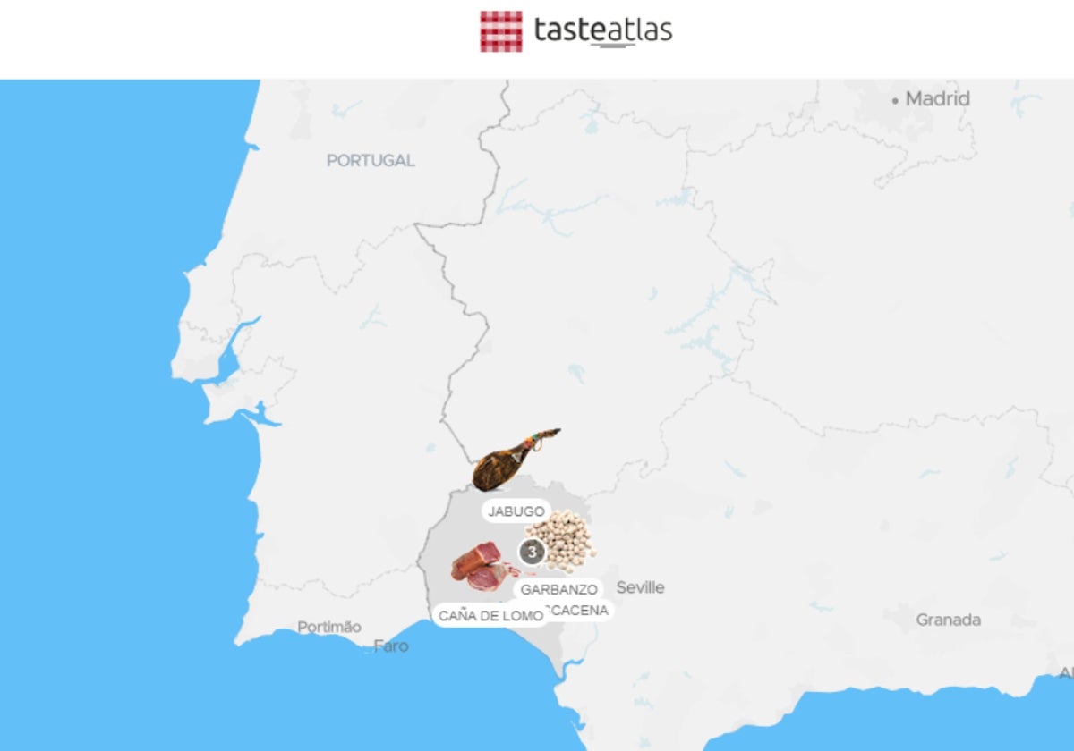 Mapa interactivo de la web de TasteAtlas en Huelva