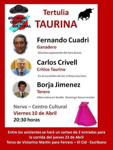 El Casino del Centro de Nerva organiza una tertulia taurina con Fernando Cuadri, Carlos Crivell y Borja Jiménez
