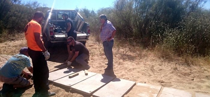 Pasarelas hacia la playa antiarracamientos en Isla Cristina