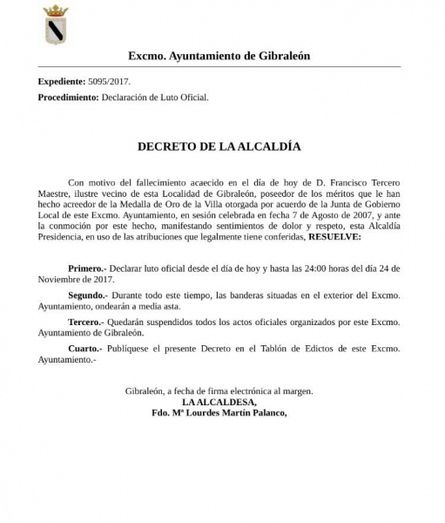 El Ayuntamiento de Gibraleón declara un día de luto por el fallecimiento de Francisco Tercero