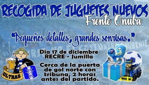 El Frente Onuba recogerá juguetes en el Recre-Jumilla y la Federación de Peñas alimentos para el Banco