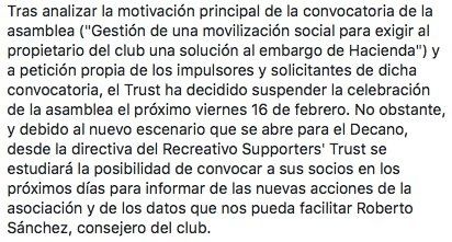 El Trust aplaza la asamblea prevista para este viernes debido a que ya se ha resuelto el problema del Recre con Hacienda