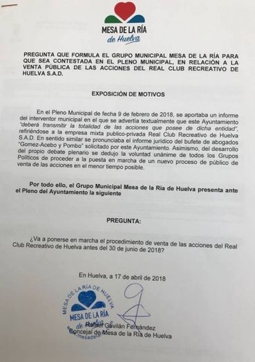 Mesa de la Ría preguntará en el próximo pleno si el Recre va a salir a la venta antes del 30 de junio