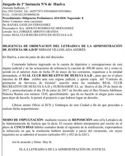 La justicia da 15 días al Recreativo para mostrar el contrato con Eurosamop