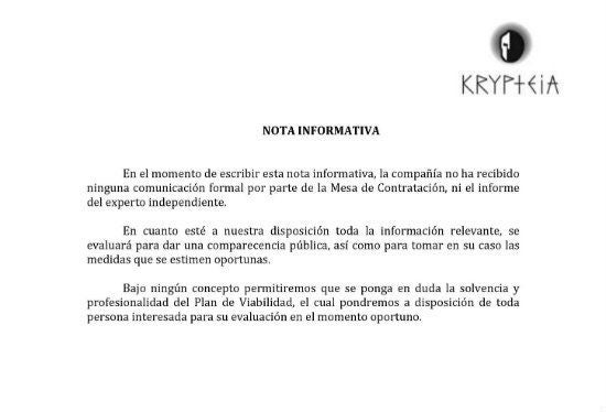 Krypteia Capital anuncia que tomará 'las medidas que se estimen oportunas' una vez que les comuniquen de manera oficial que no cumplen las condiciones