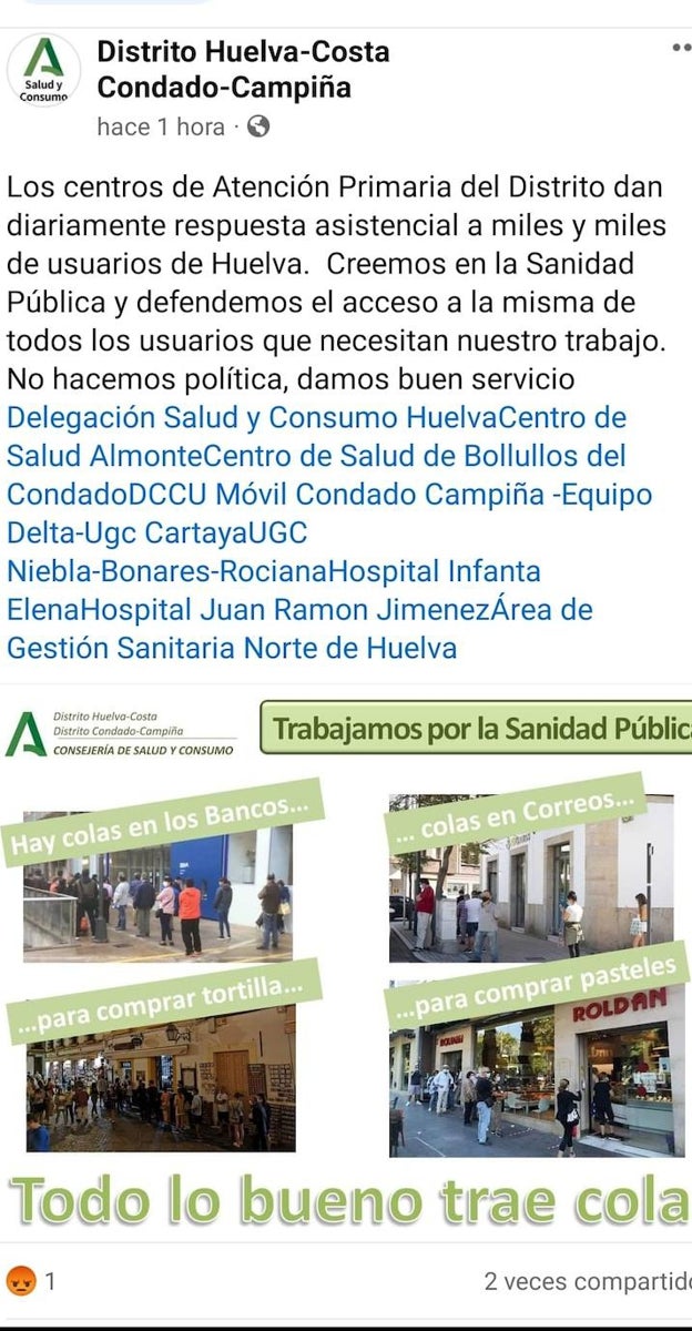 Piden la dimisión del gerente del Distrito sanitario Huelva Costa por «burlarse» de las colas de los pacientes del SAS