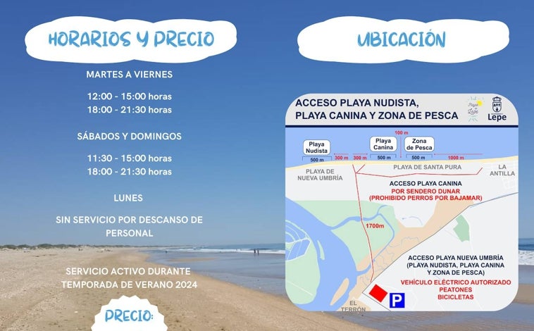 Imagen principal - El vehículo eléctrico que conecta El Terrón con la playa de Nueva Umbría: horarios y precios