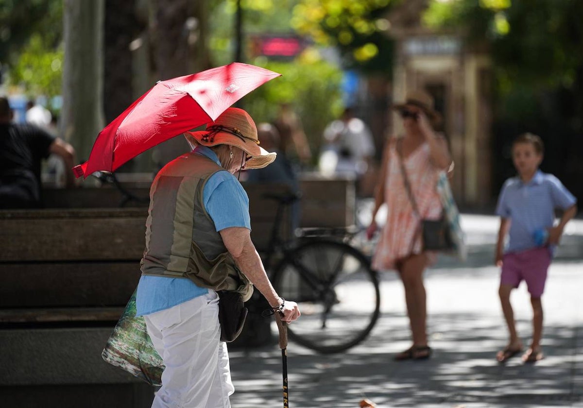 Imagen de archivo de una mujer con sombrero y sombrilla paseando