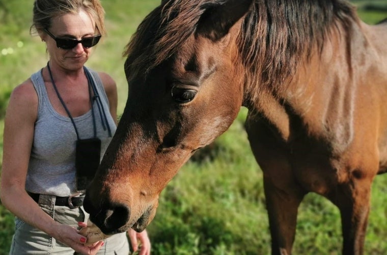 Caballo recogido en Bonares con una voluntaria de Mujeres por Doñana